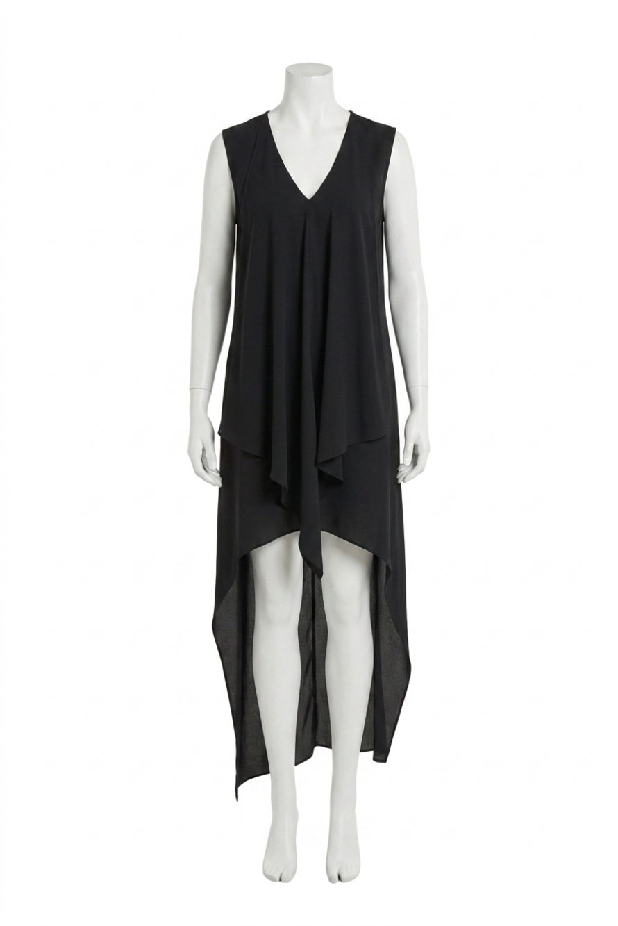 NEW JOSEPH RIBKOFF pleated v-neck asymmetric hi-low dress in black